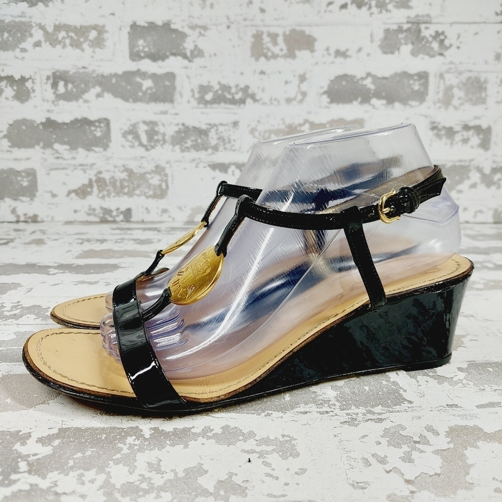 Juicy Couture Black Gold Platform Patent Leather Sandal Wedge Straps O347 - Picture 1 of 13